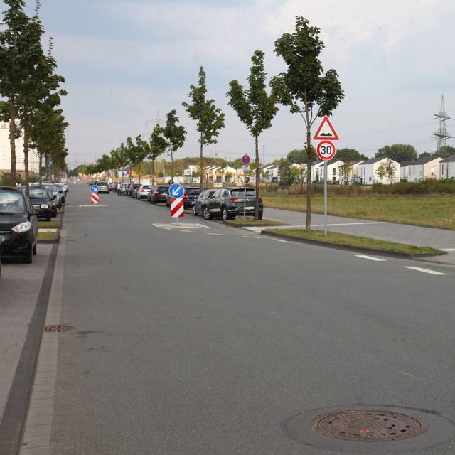 Die Johannes-Rau-Allee im Hafen Graf Bismarck in Gelsenkirchen