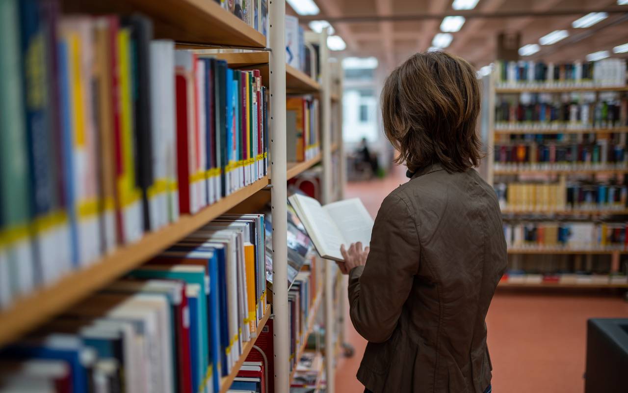 Eine Frau steht an einem Bücherregal