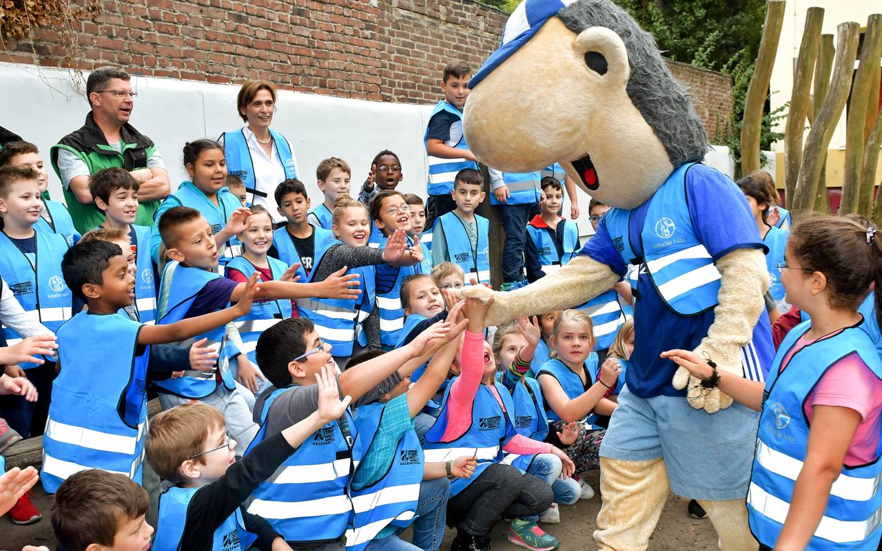 Das Schalkemaskottchen Erwin ist bei Kindern. Er klatscht sie ab. Alle tragen Westen der Stiftung Schalke hilft.