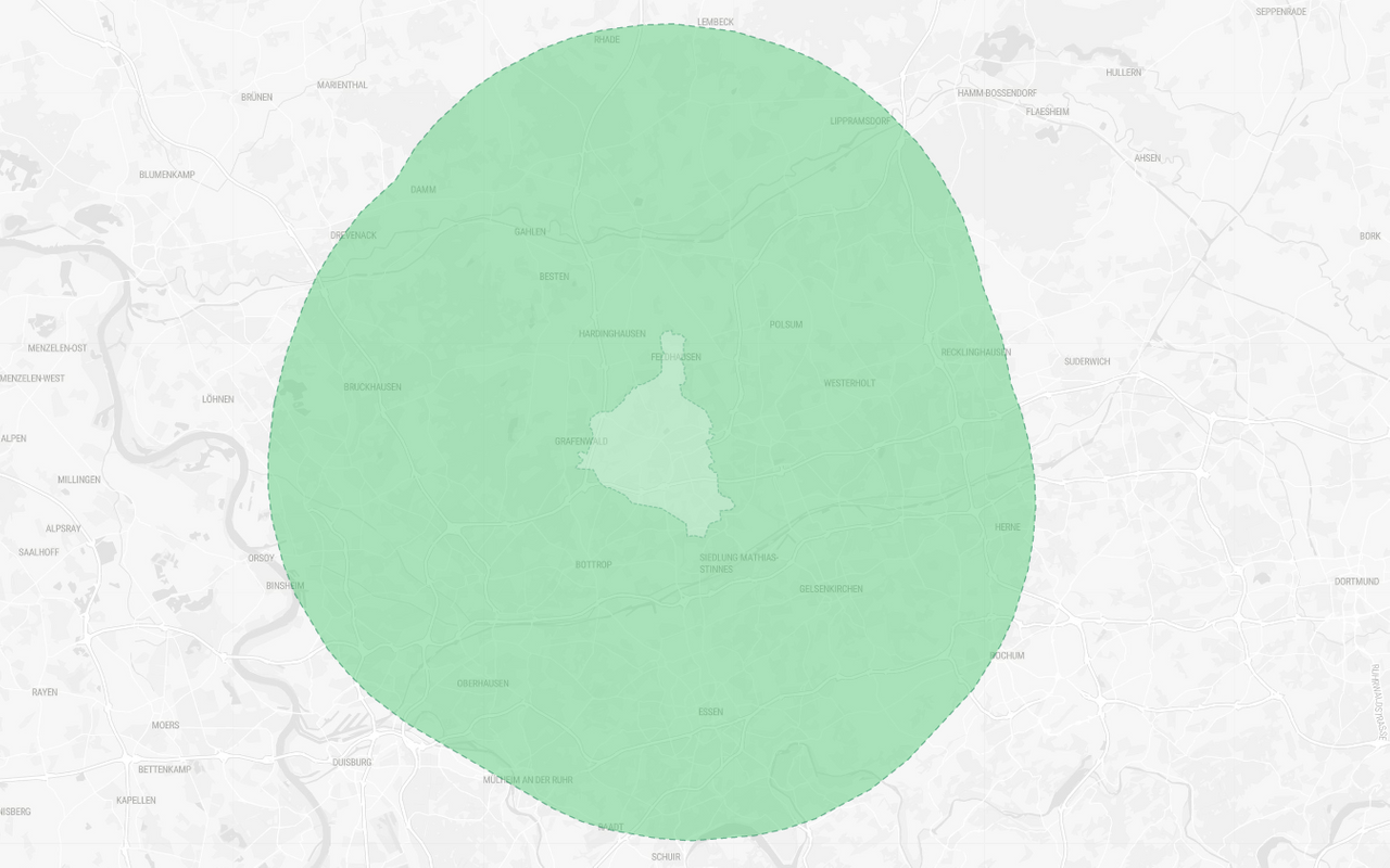 Karte mit dem 15-km-Radius um Gladbeck