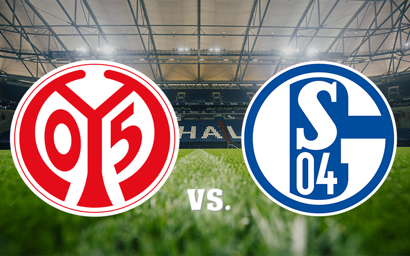 Zu sehen ist eine Grafik mit den Vereinswappen von Schalke und Mainz 05.