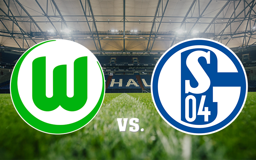 Eine Grafik mit den Vereinslogos von Schalke und Wolfsburg.