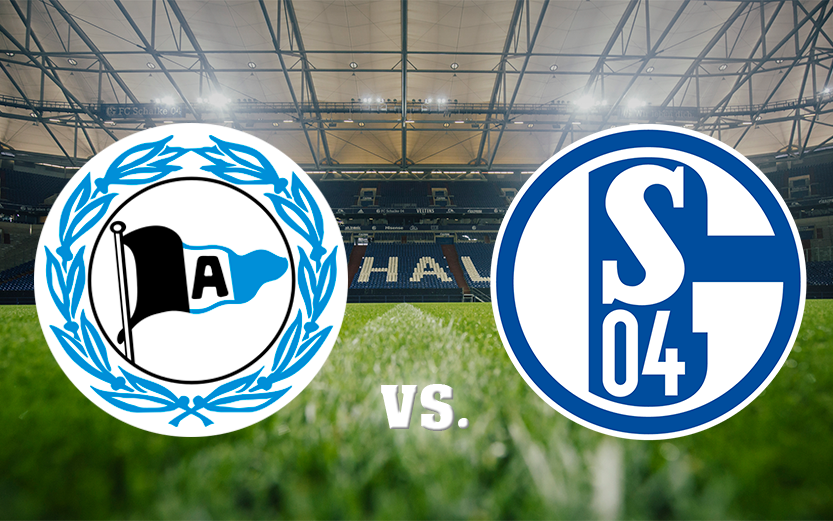 Eine Grafik mit den Vereinslogos von Schalke und Arminia Bielefeld.