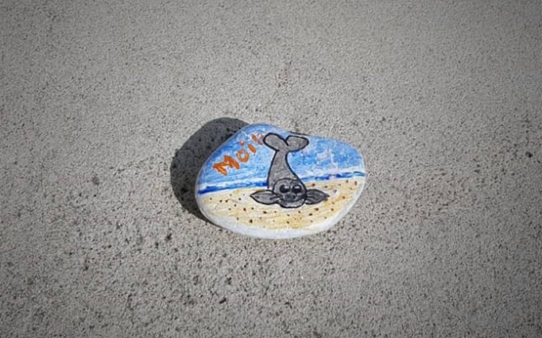 Ein bemalter Stein mit einem Seehund darauf