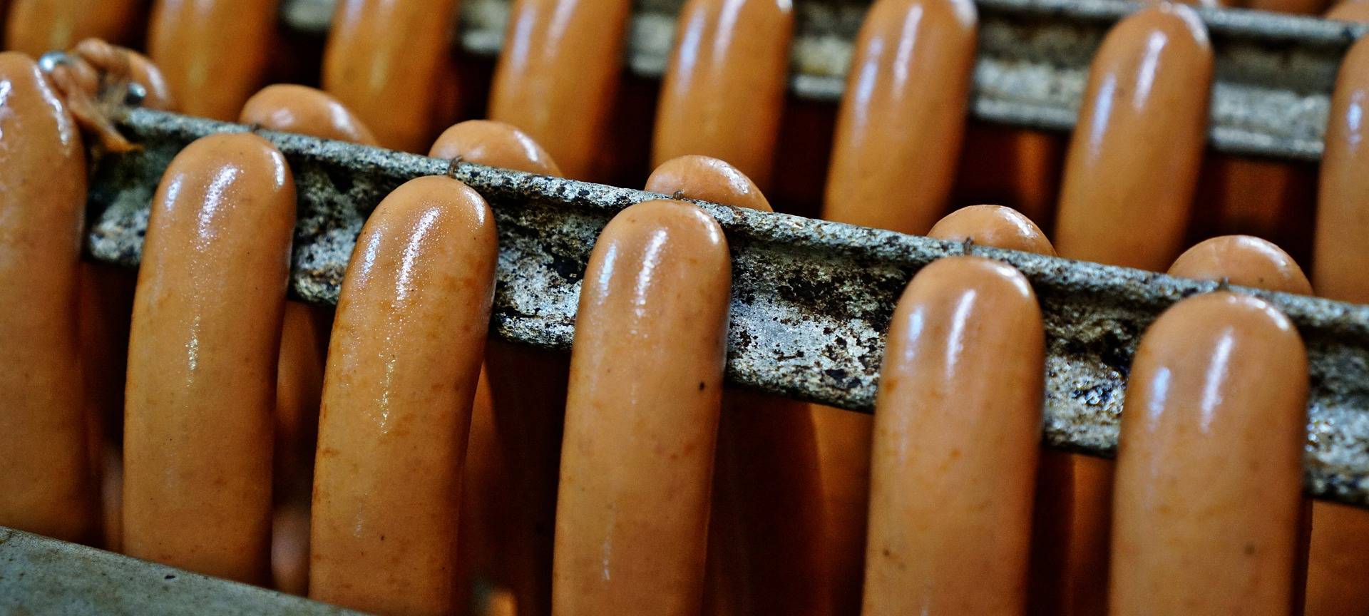 Bockwürstchen in einer Wurstfabrik hängen auf einem Gestell.