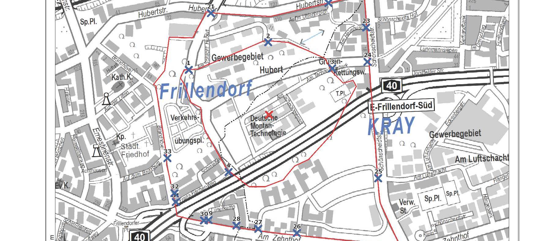 Übersichtskarte des Evakuierungsbereichs nach einem Blindgängerfund in Essen in der Nähe der A40