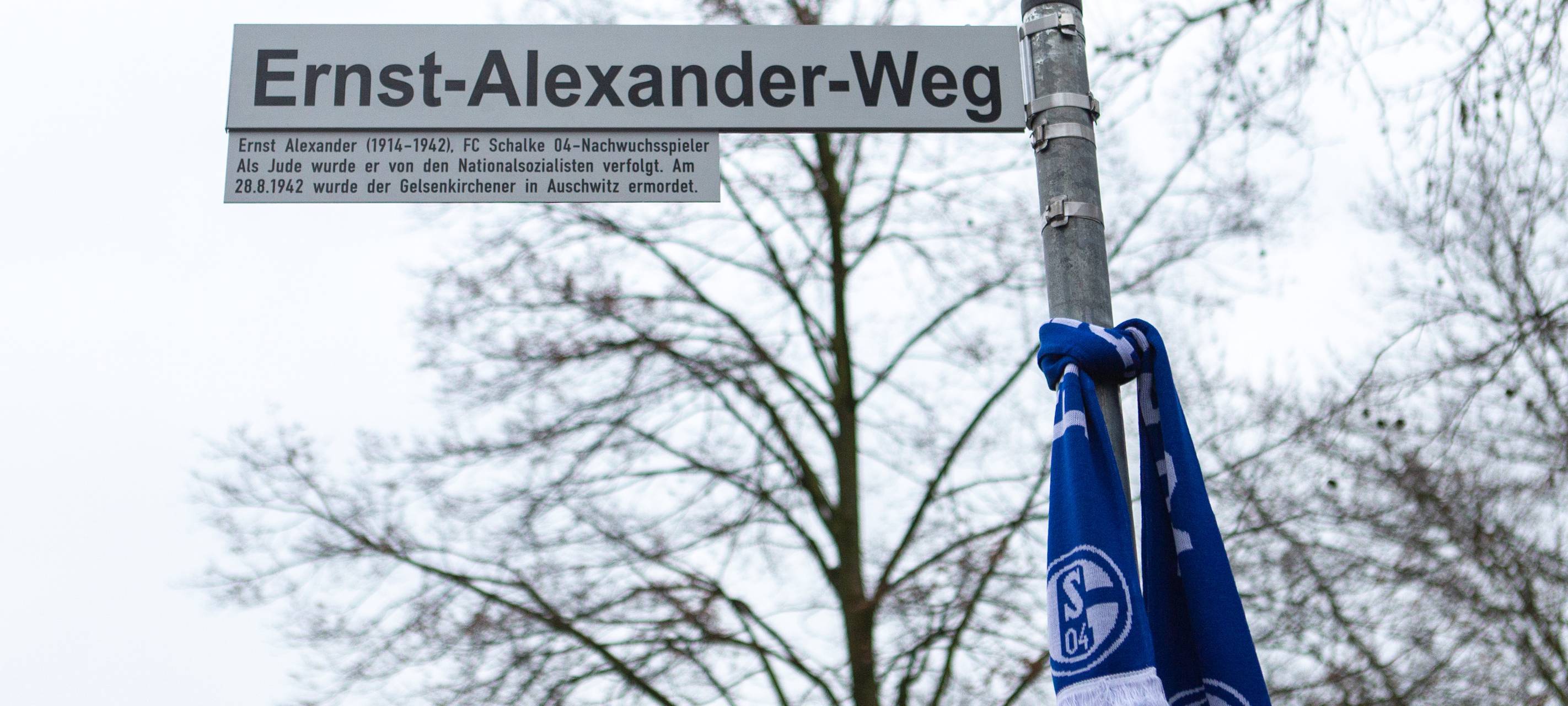 Das Straßenschild Ernst-Alexander-Weg, an dem Schildermast hängt ein Schalkeschal