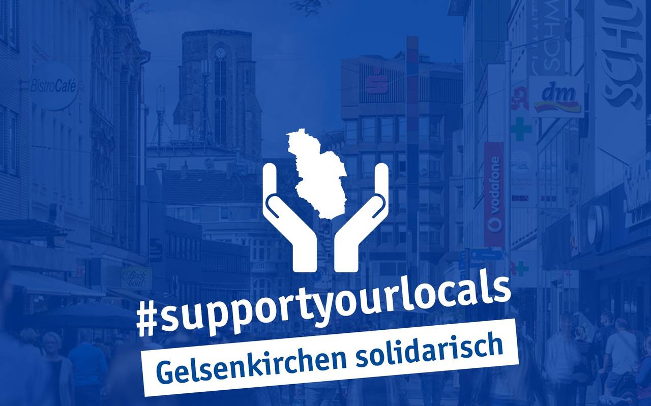 Die Grafik zu #supportyourlocal zeigt zwei Hände, die die Silhouette von Gelsenkirchen hochhalten.