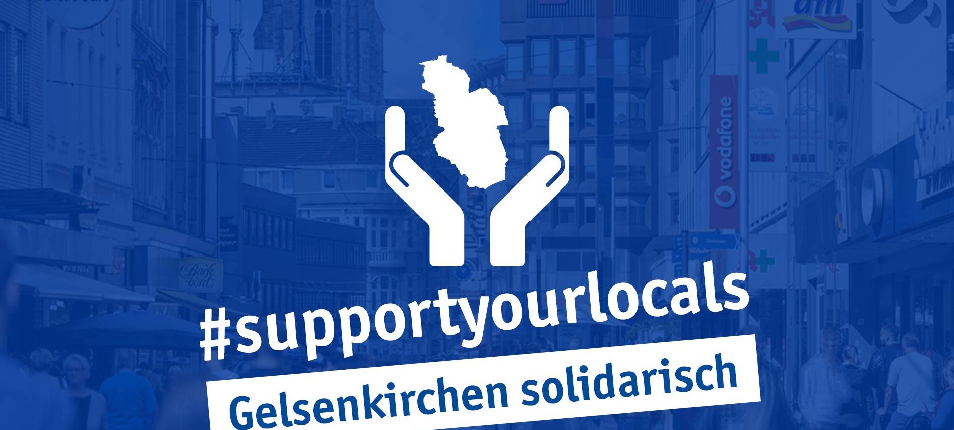 Die Grafik zu #supportyourlocal zeigt zwei Hände, die die Silhouette von Gelsenkirchen hochhalten.