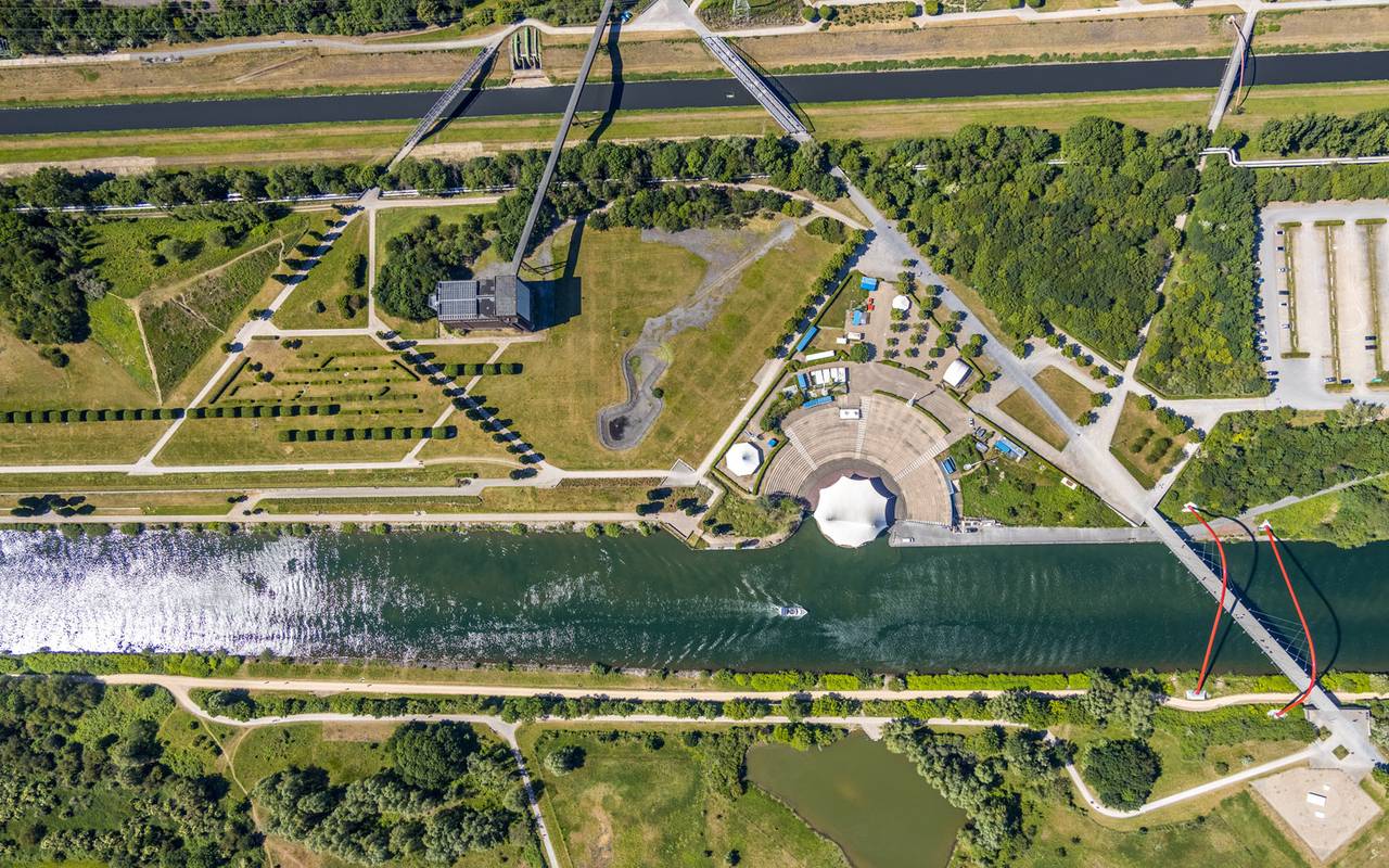 Luftbild, Nordsternpark, Amphitheater, Rhein-Herne-Kanal, Horst, Gelsenkirchen, Ruhrgebiet, Nordrhein-Westfalen, Deutschland