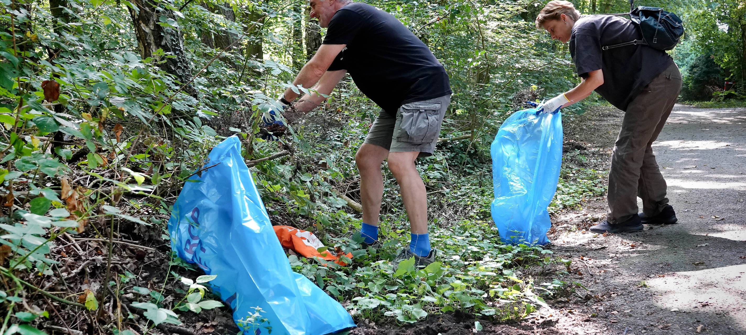 Helfer sammeln Müll im Wald auf