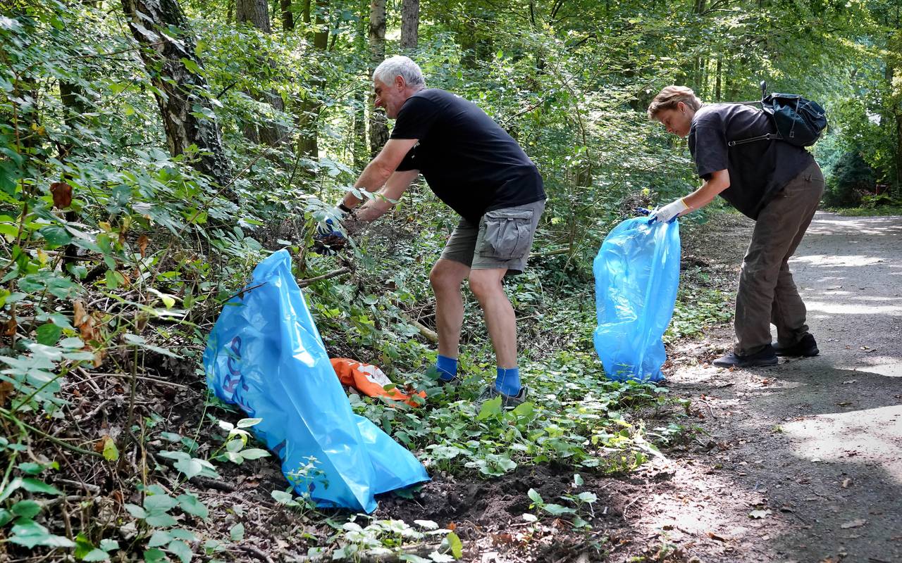 Helfer sammeln Müll im Wald auf