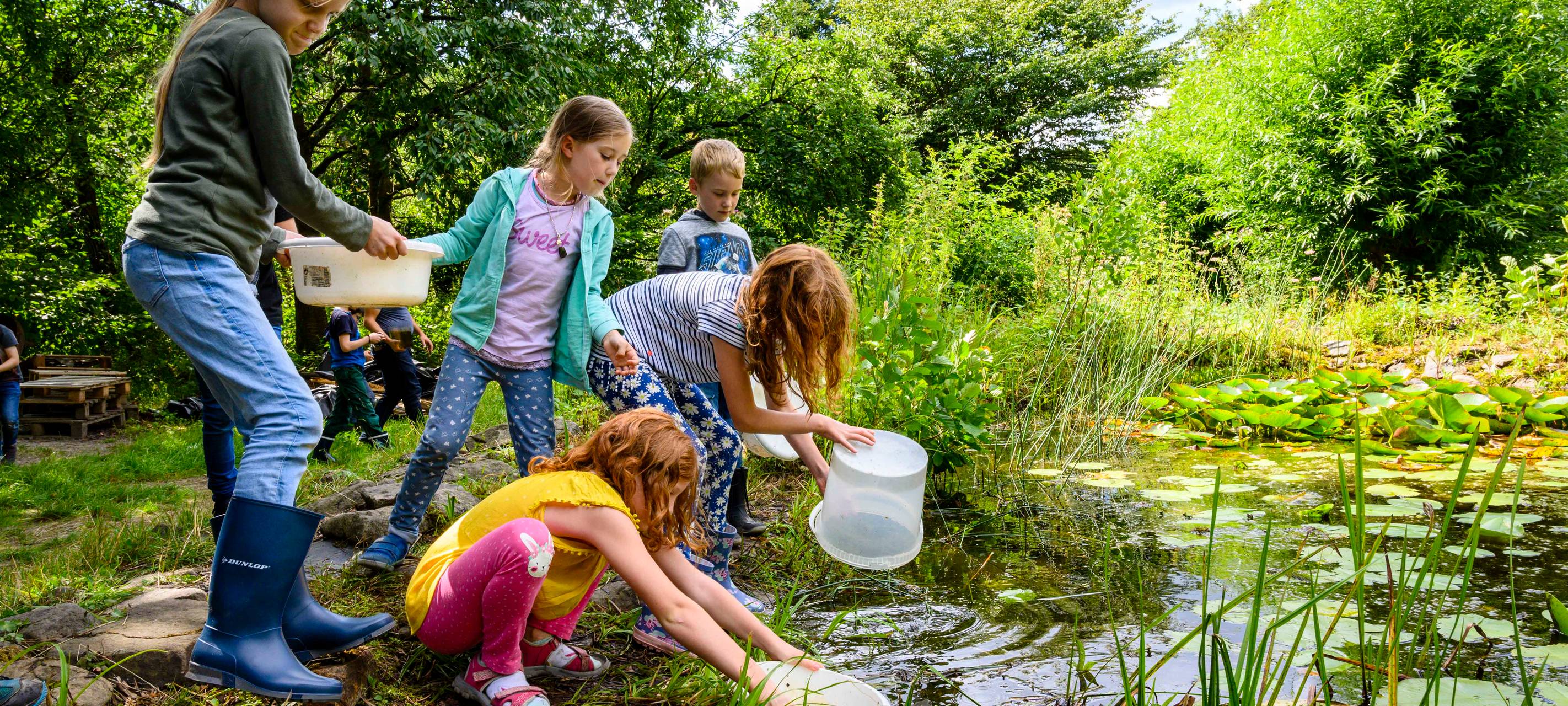 Kinder spielen an einem Bach