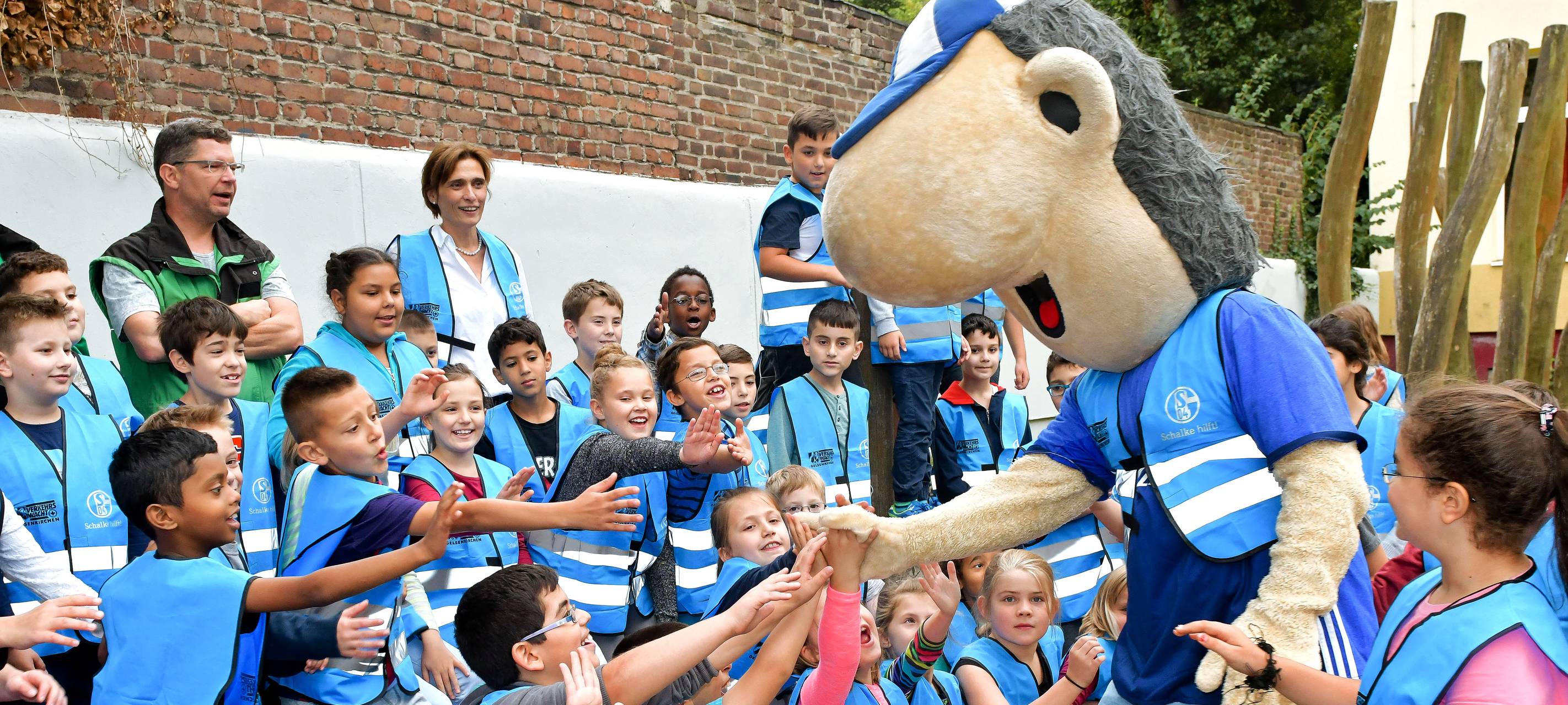 Das Schalkemaskottchen Erwin ist bei Kindern. Er klatscht sie ab. Alle tragen Westen der Stiftung Schalke hilft.