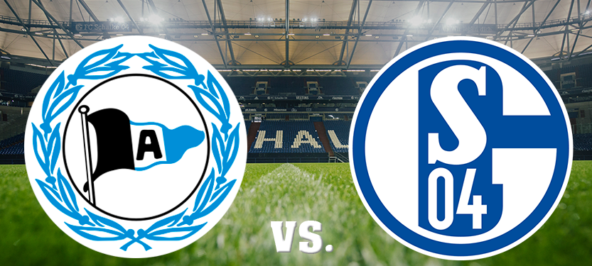 Eine Grafik mit den Vereinslogos von Schalke und Arminia Bielefeld.