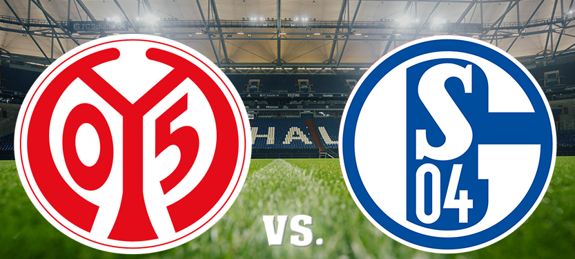 Zu sehen ist eine Grafik mit den Vereinswappen von Schalke und Mainz 05.