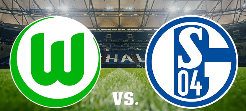 Eine Grafik mit den Vereinslogos von Schalke und Wolfsburg.