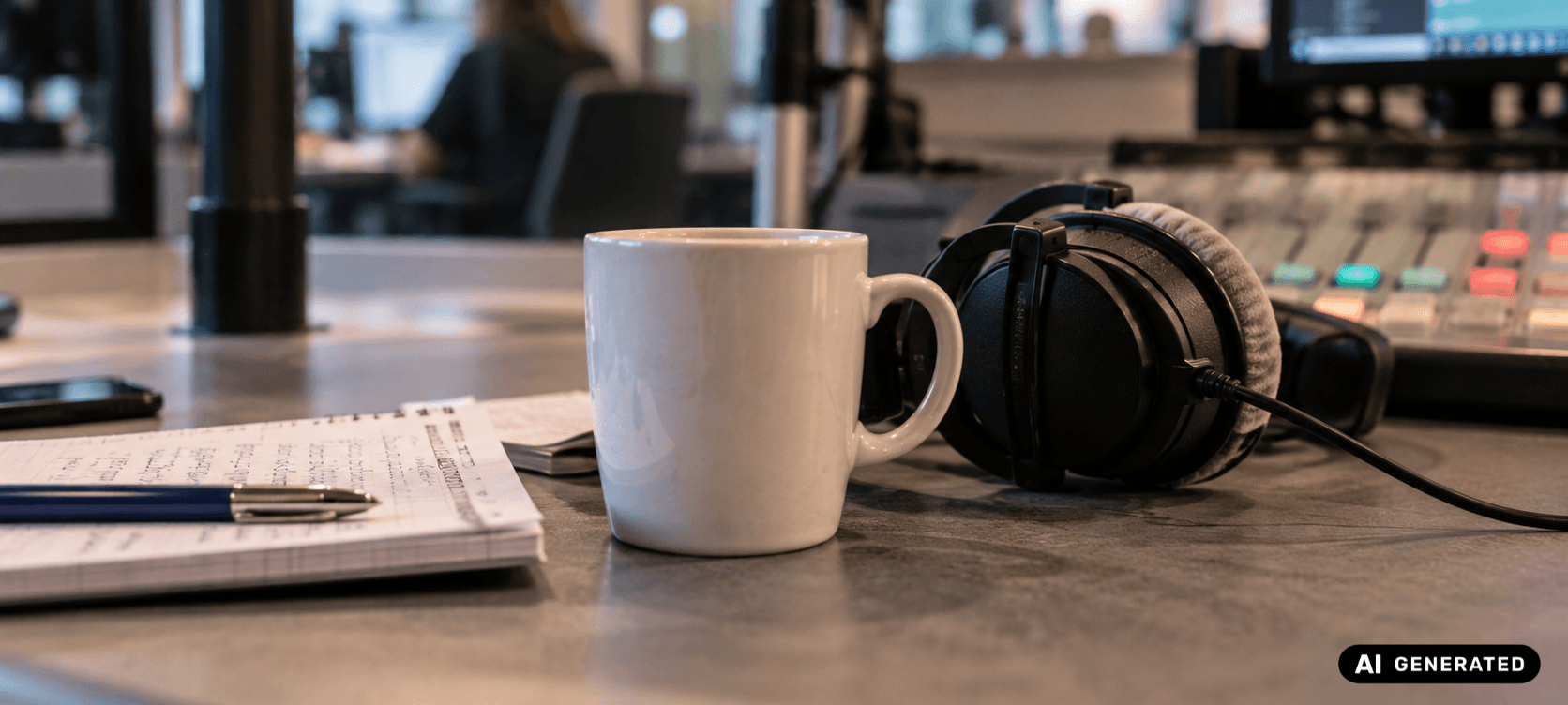 Eine Kaffeetasse auf einem Radiomischpult.